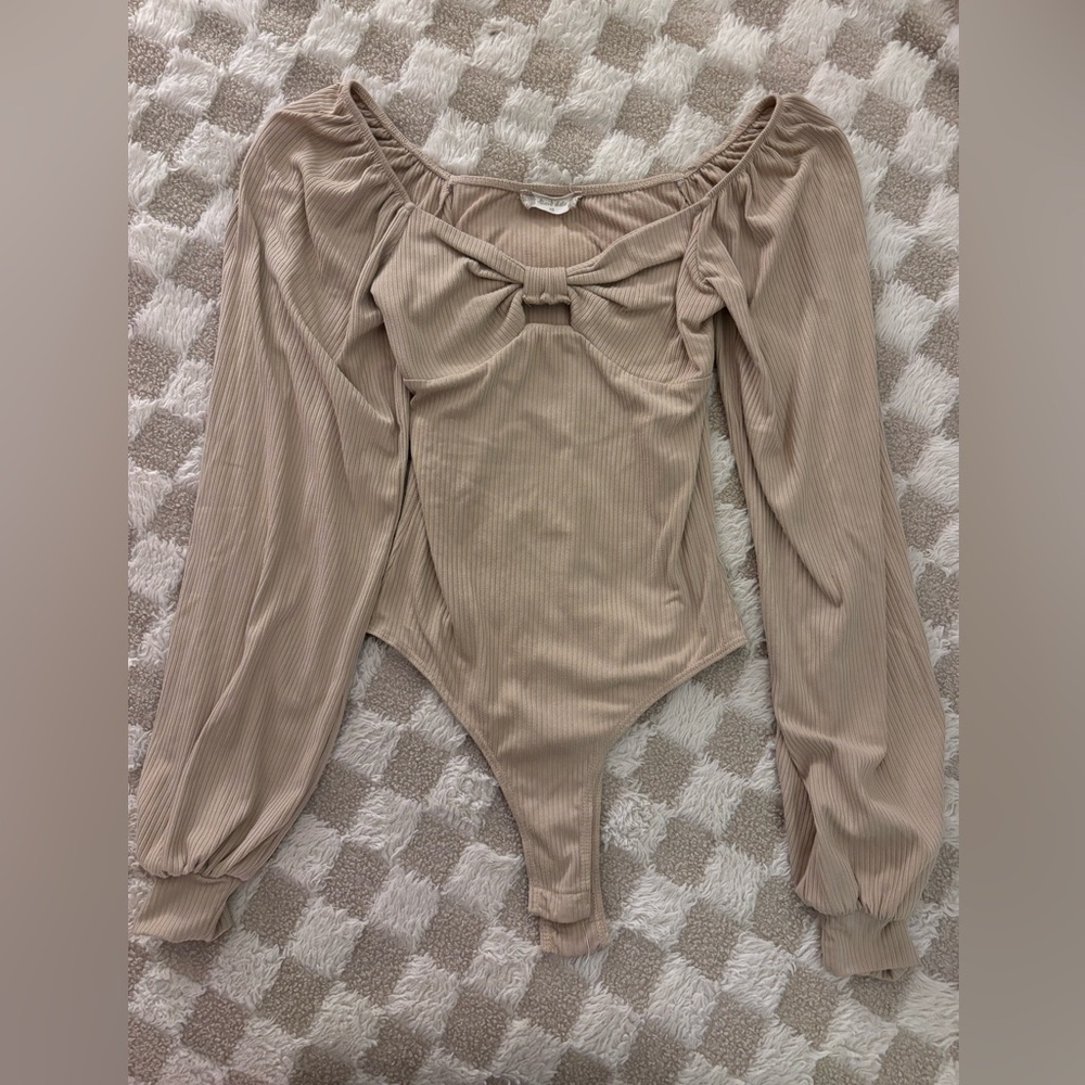 Ribbed Bow Front Long Sleeve Bodysuit - Neutral Beige